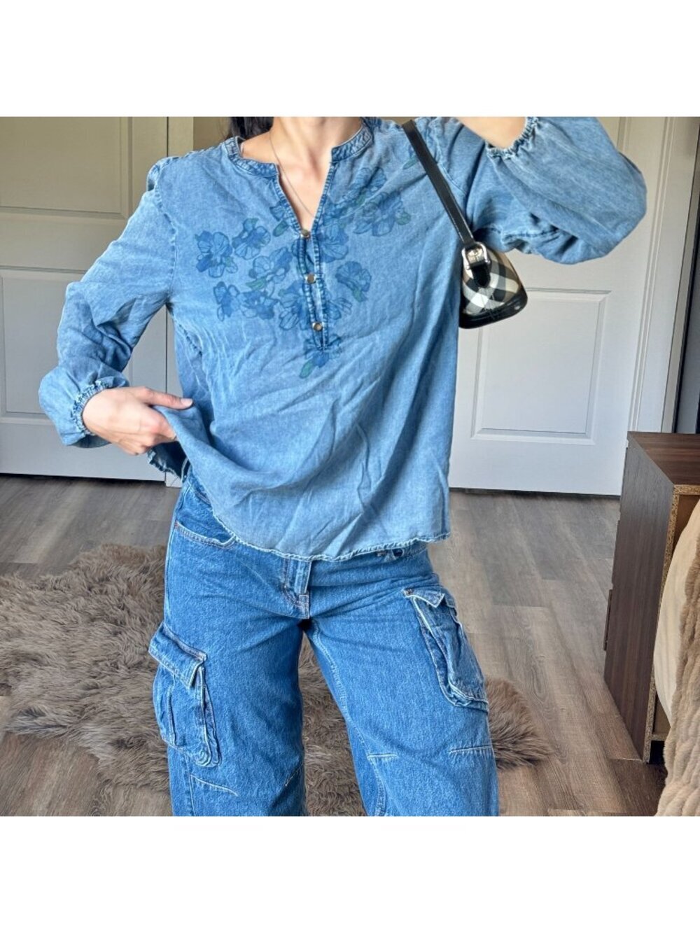 Chicos Denim Floral Cottagecore Coquette Peasant Blouse Womens 2 (Large) Blue